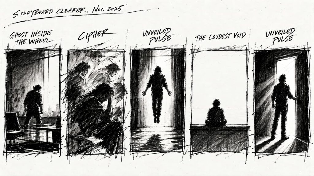 Storyboard: Entwicklung der EP „Clearer“, Malte Schreer 2025 / ss&ft · Visualisierung mit OpenAI Image Generation